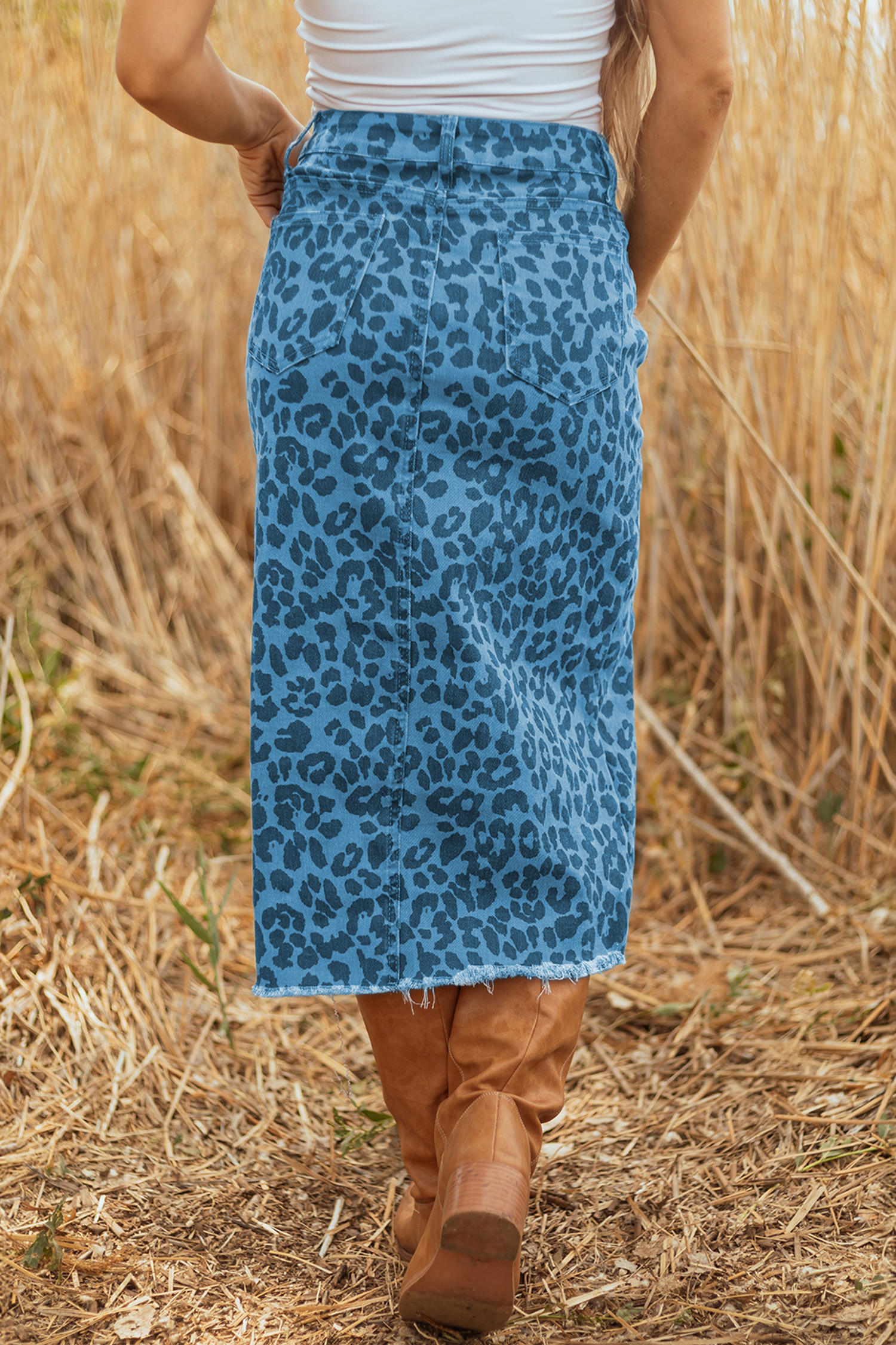 Brown Leopard Denim Frayed Split Denim Midi Skirt