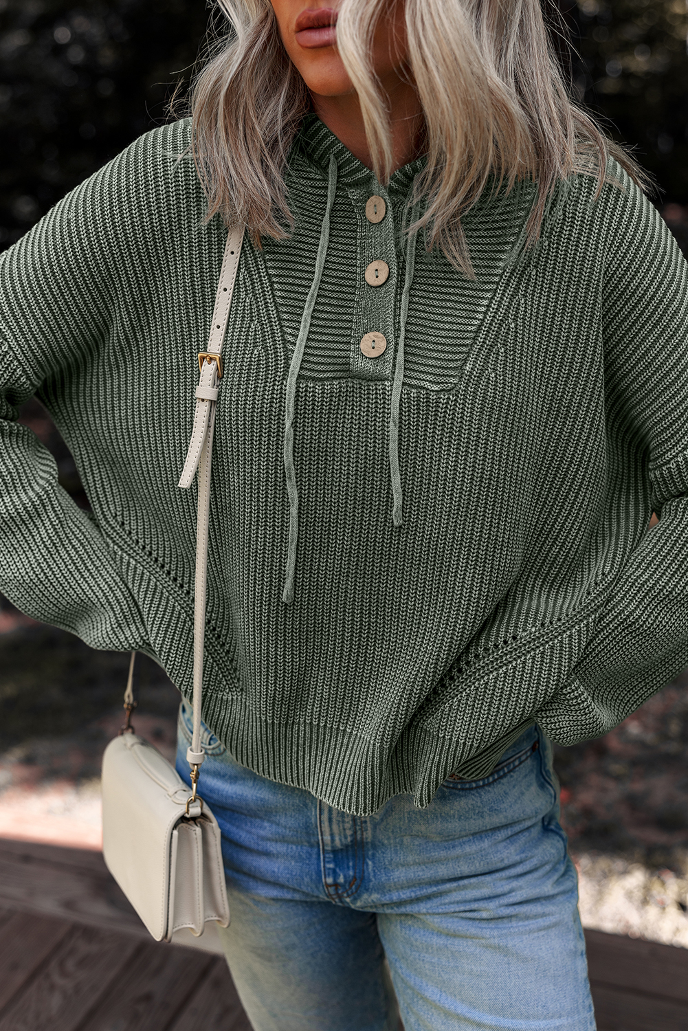 Mist Green Mineral Wash Ribbed Knit Button Drawstring Neck Hooded Sweater