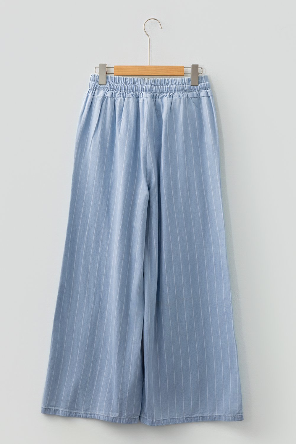 Blue Stripe Chambray Wide Leg Tied Elastic Waist Trousers