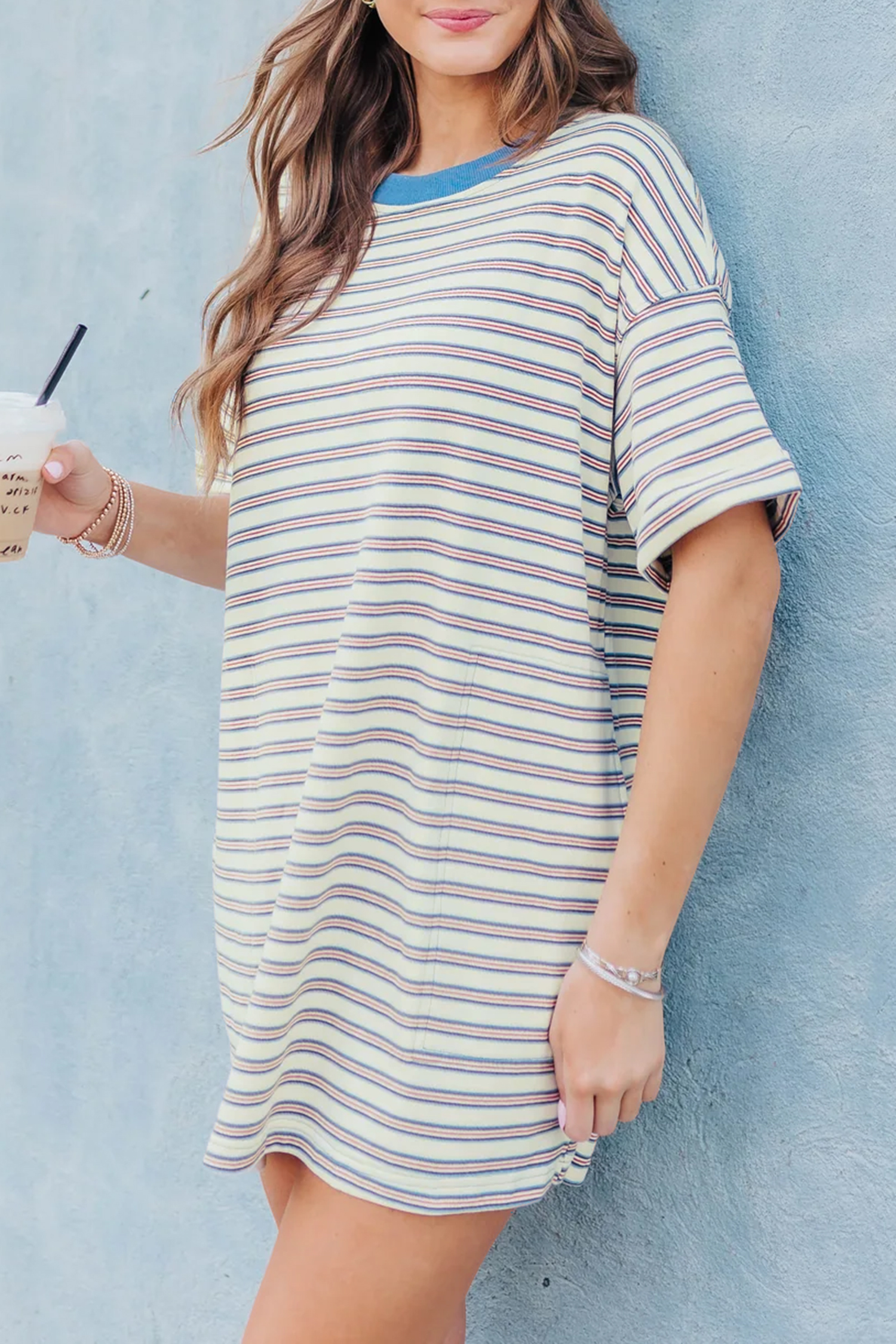 White Stripe Drop Shoulder Cuffed Sleeve Loose Tunic T Shirt Mini Dress