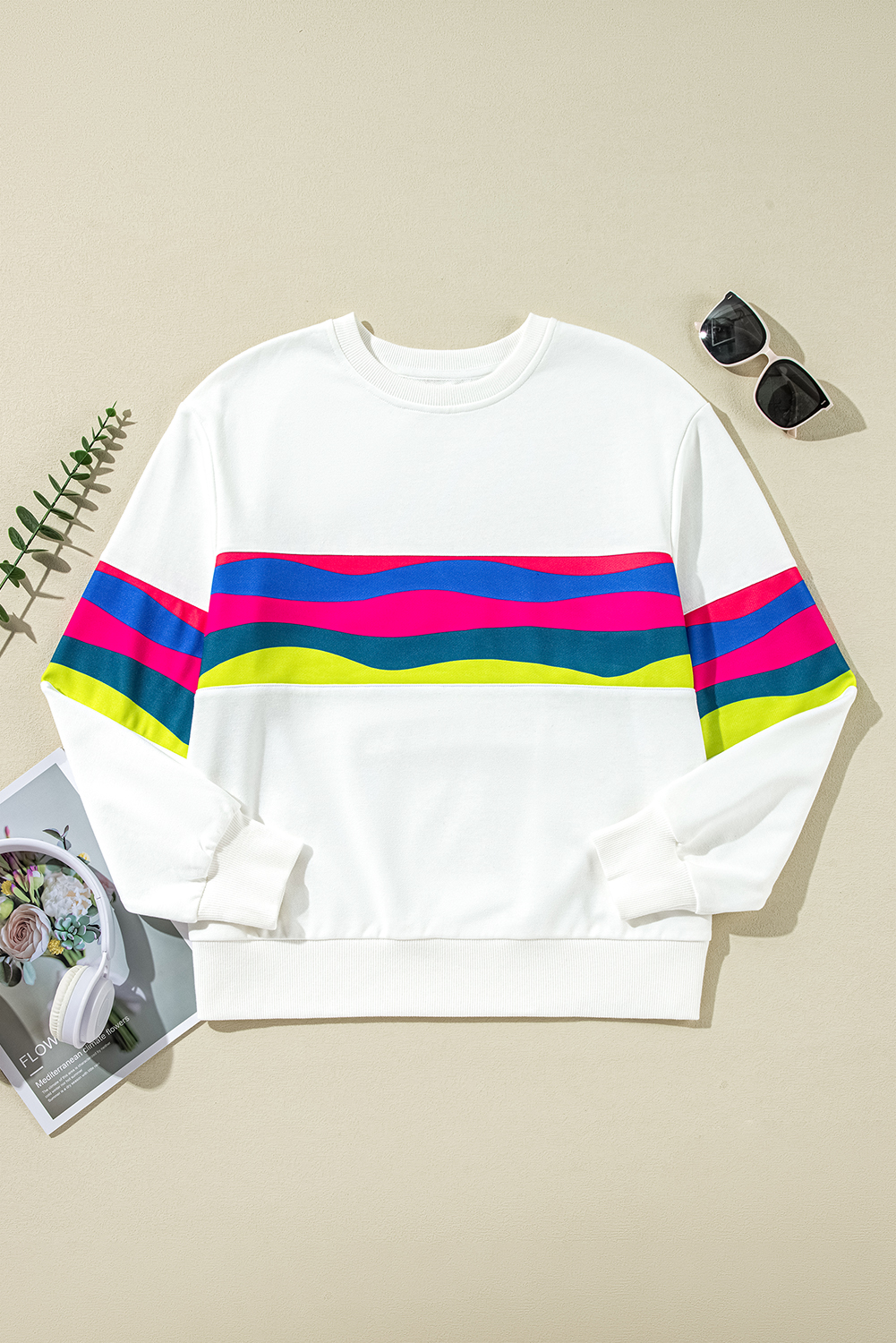 White Plus Size Colorful Striped Drop Shoulder Loose Sweatshirt