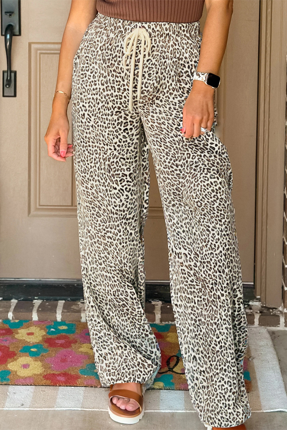 Brown Leopard Drawstring Elastic Waistband Loose Pants