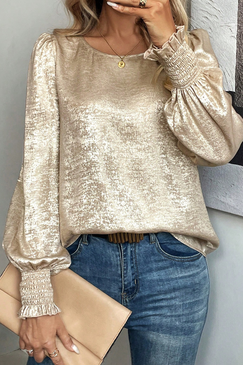 Apricot Metallic Round Neck Smocked Long Sleeve Blouse