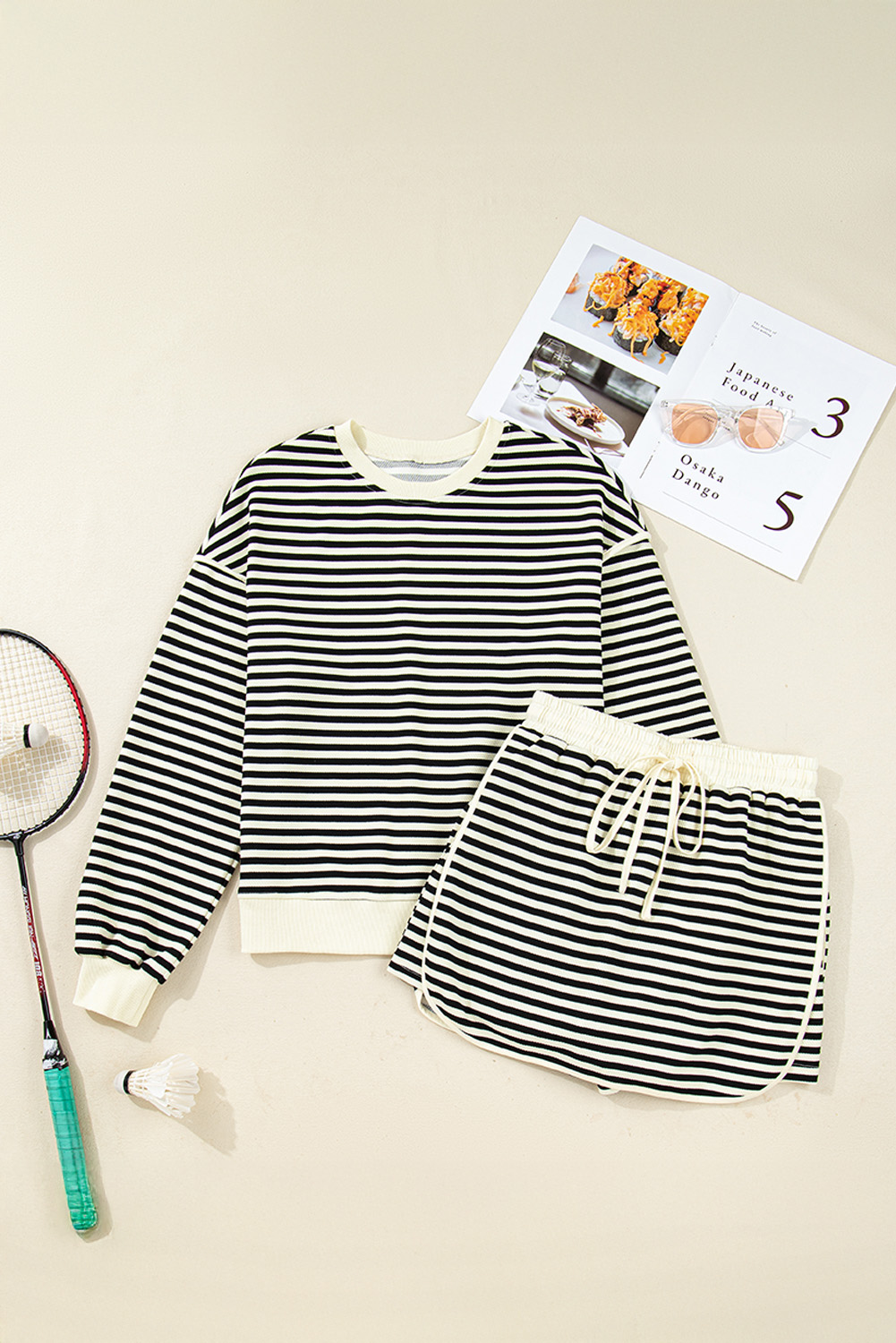 Black Stripe Textured Drop Shoulder Pullover Top Drawstring Mini Skort Two Piece Dress Set