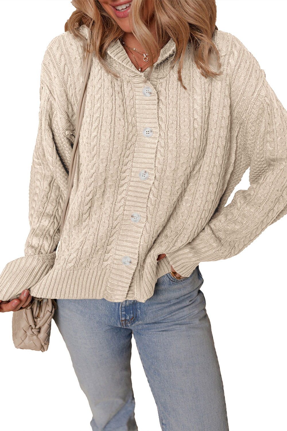 White Cable Knit Texture Uneven Hem Hooded Chic Cardigan