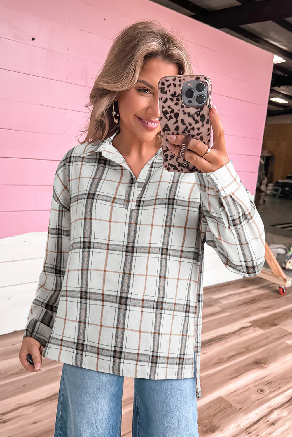Red Plaid Print Collared V Neck Loose Blouse with Side Slits
