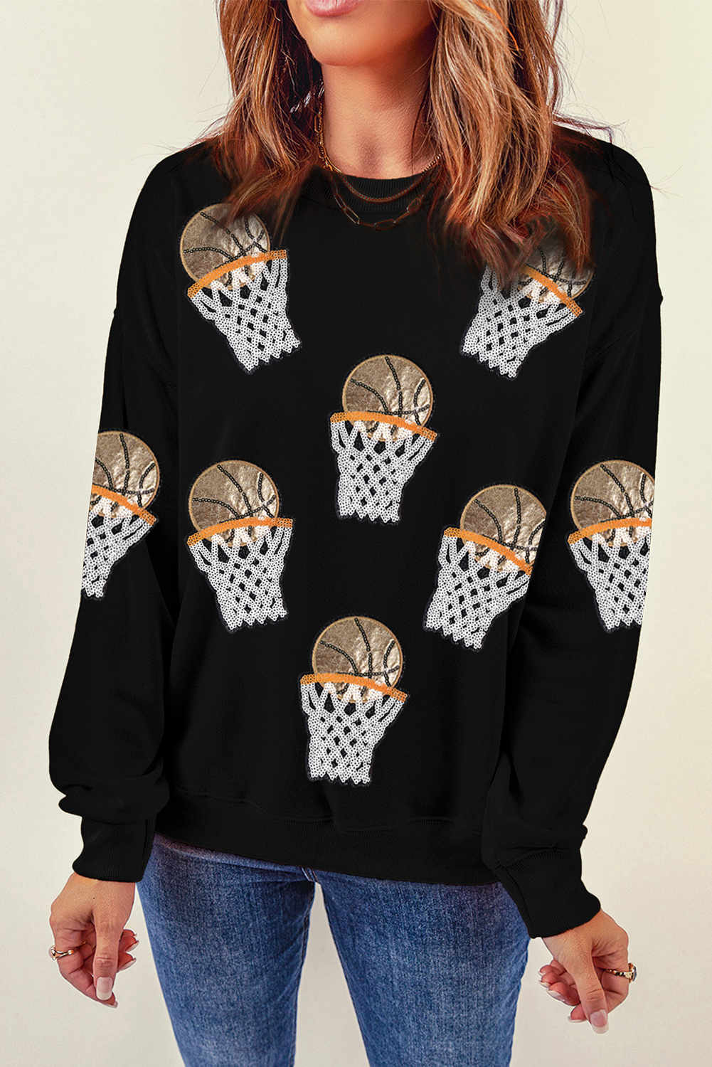 Black Sequin Basketball Patched Graphic Game Day T Shirt