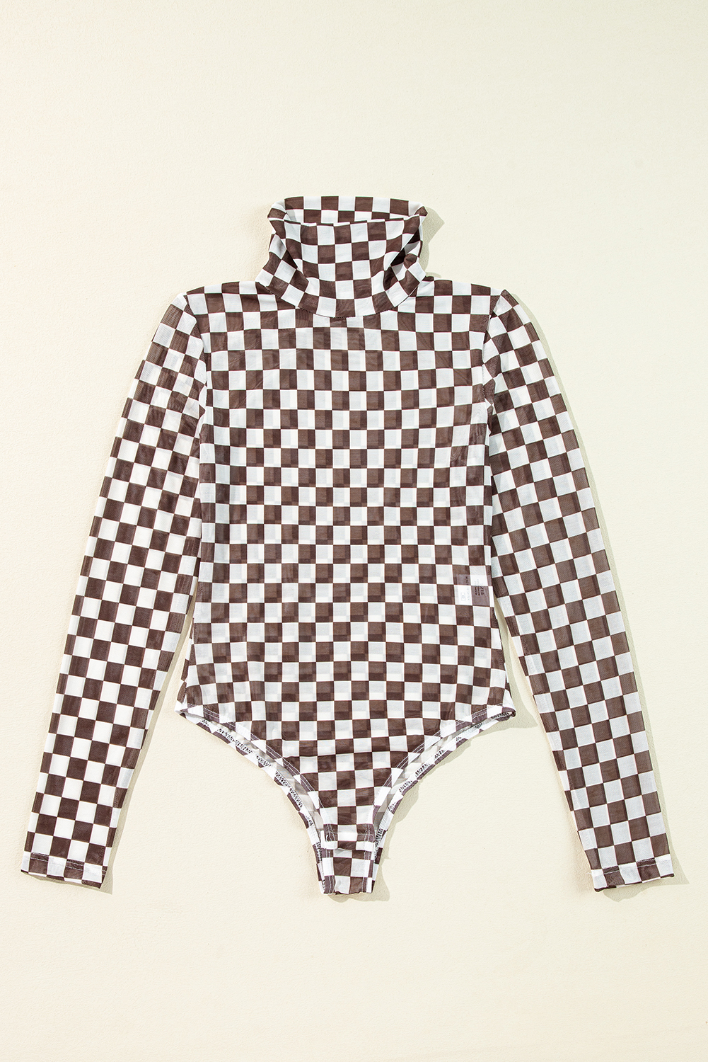 Khaki Checkered Pattern Mesh Mock Neck Long Sleeve Top