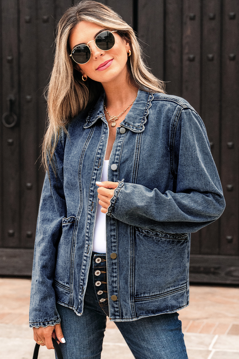 Myosotis Scallop Trim Collar Patched Pocket Button Up Mineral Washed Denim Jacket