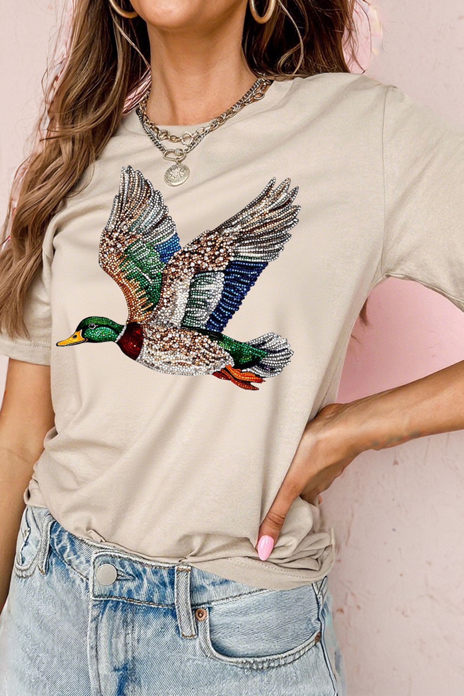 Khaki Flying Mallard Print Crew Neck T Shirt