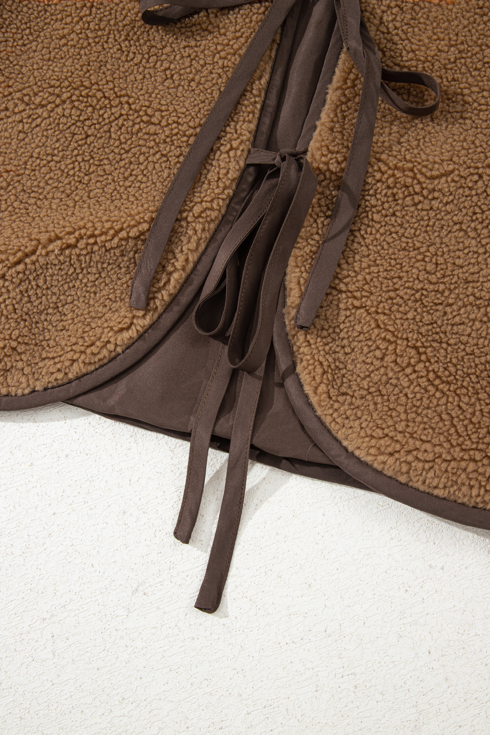 Light French Beige Contrast Trim Tie Front Sherpa Vest