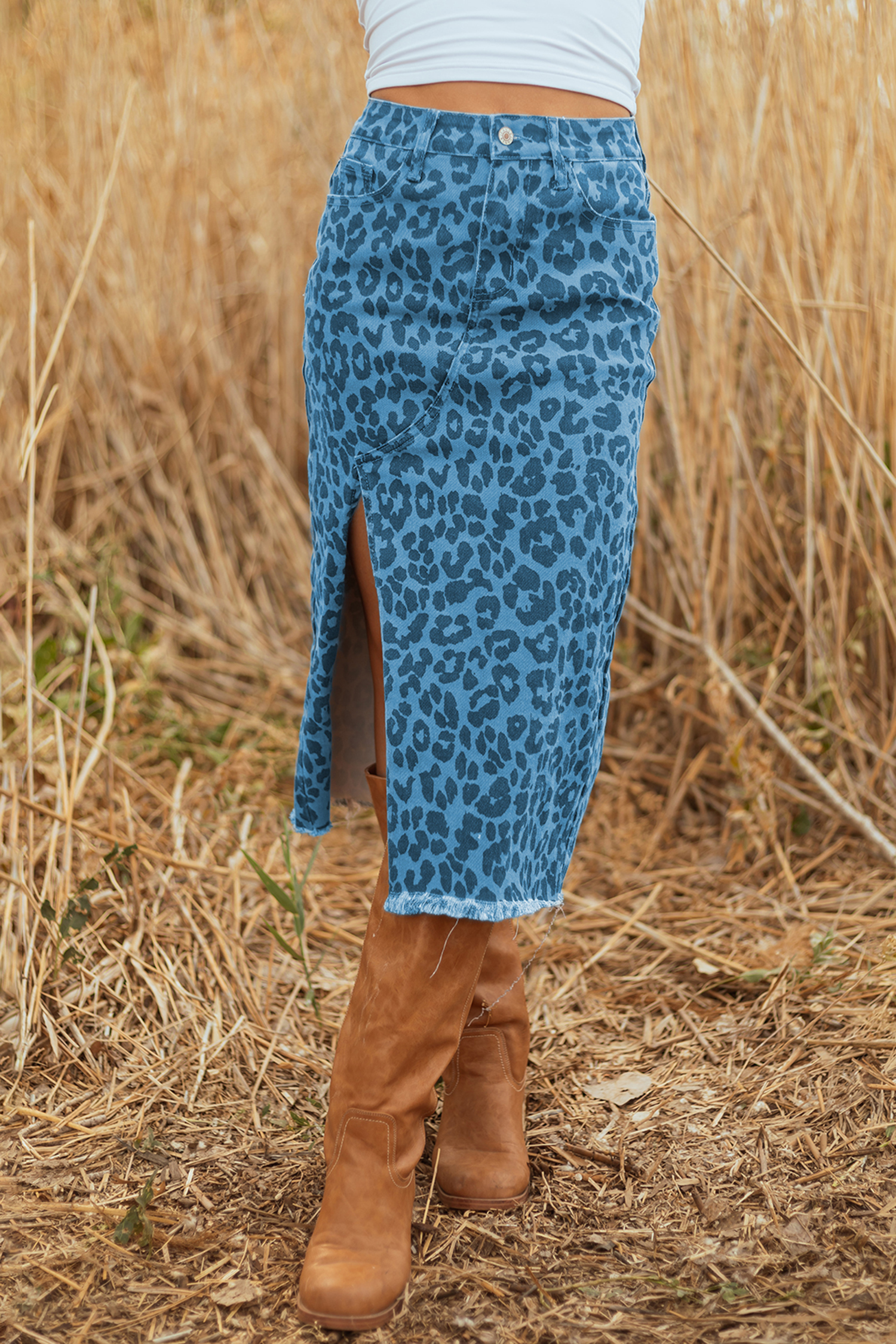 Brown Leopard Denim Frayed Split Denim Midi Skirt