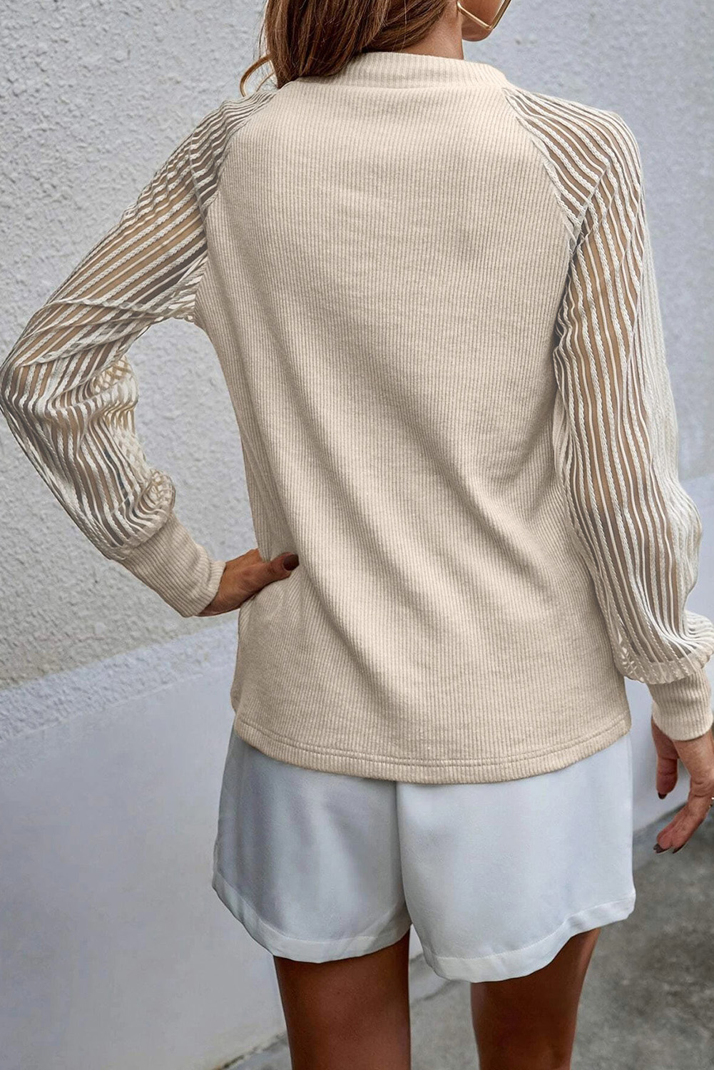 Gray Striped Mesh Long Sleeve Crewneck Ribbed Top