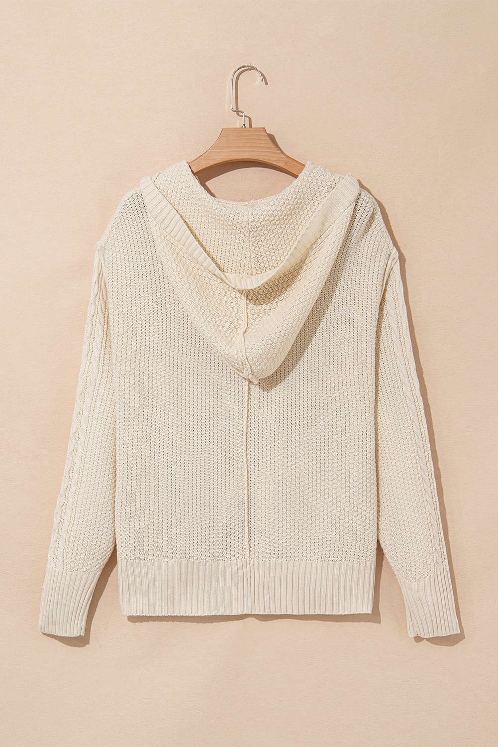 White Cable Knit Texture Uneven Hem Hooded Chic Cardigan