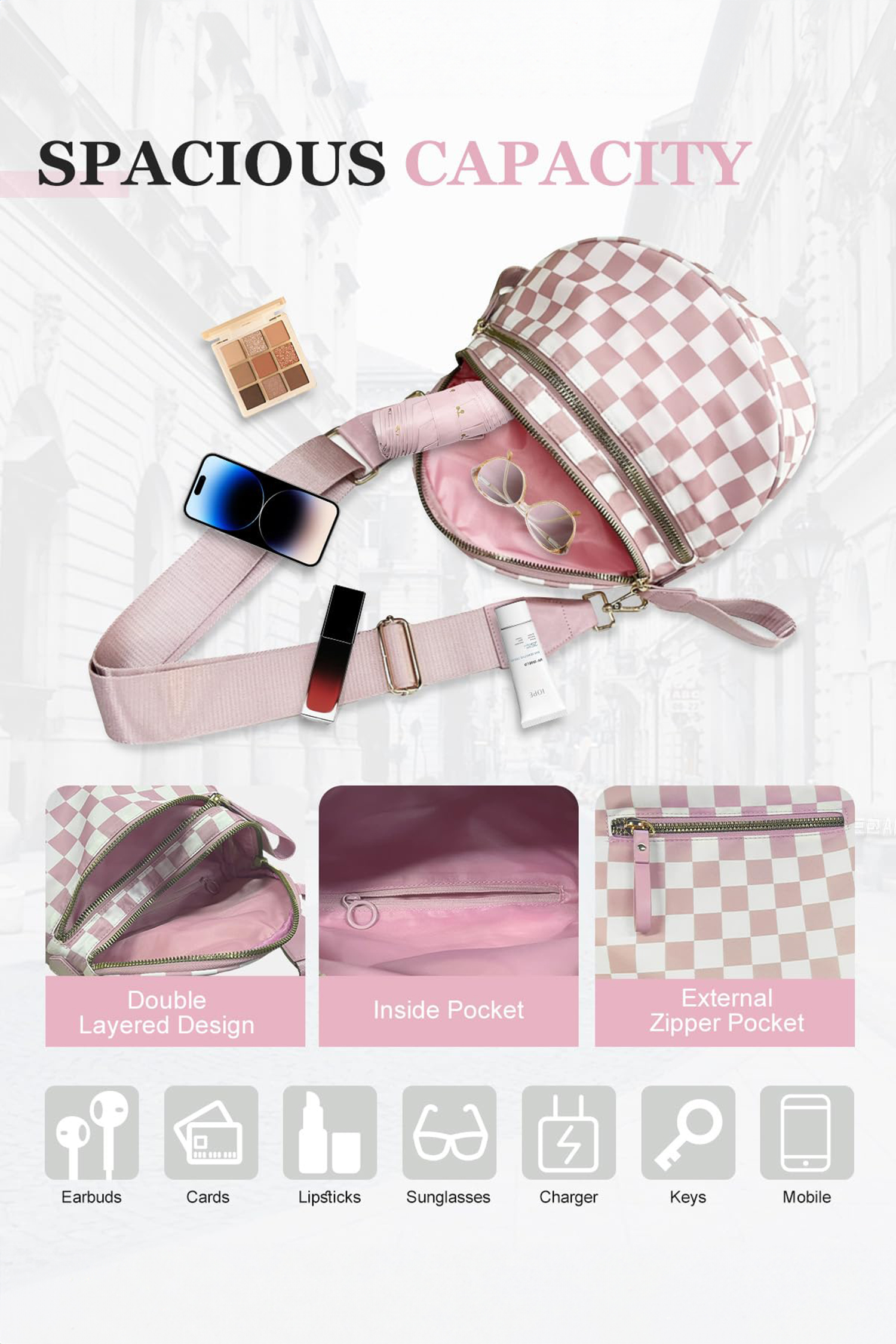 Jungle Green Double Zip Crescent Shape Adjustable Sling Bag