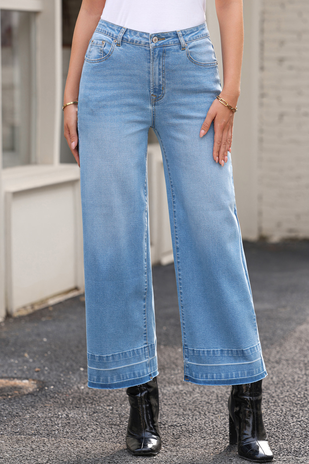 Gray Raw Hem Straight Leg Loose High Waist Jeans