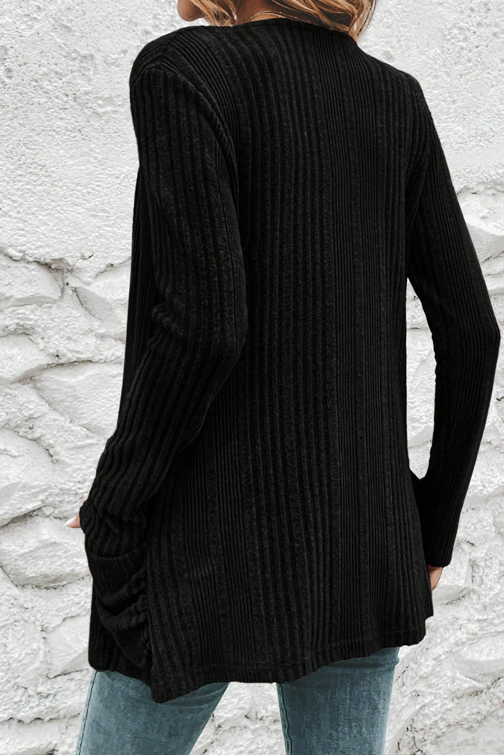 Stone Blue Ribbed Open Front Knitted Top with Pockets