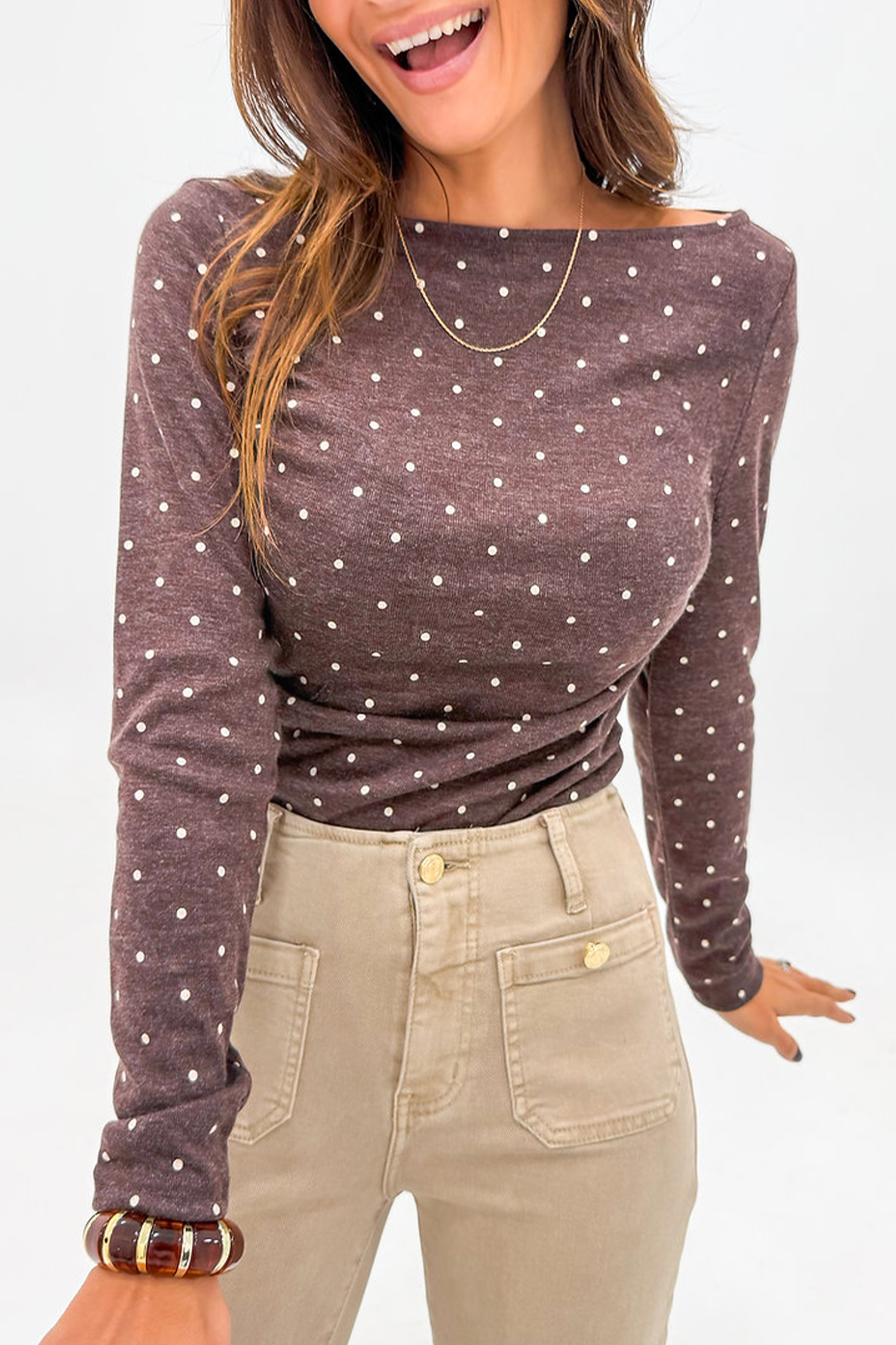 Jet Stream Polka Dot Boat Neck Knit Long Sleeve T Shirt