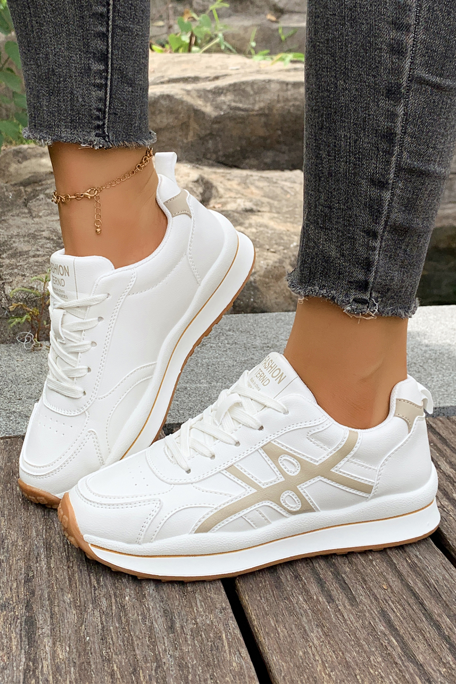 White Playful Contrast Color Detail Lace Up Womens Sneakers