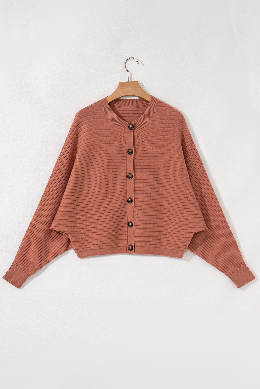 Apricot Pink Wide Rib Knit Button Front Dolman Sleeve Sweater Cardigan