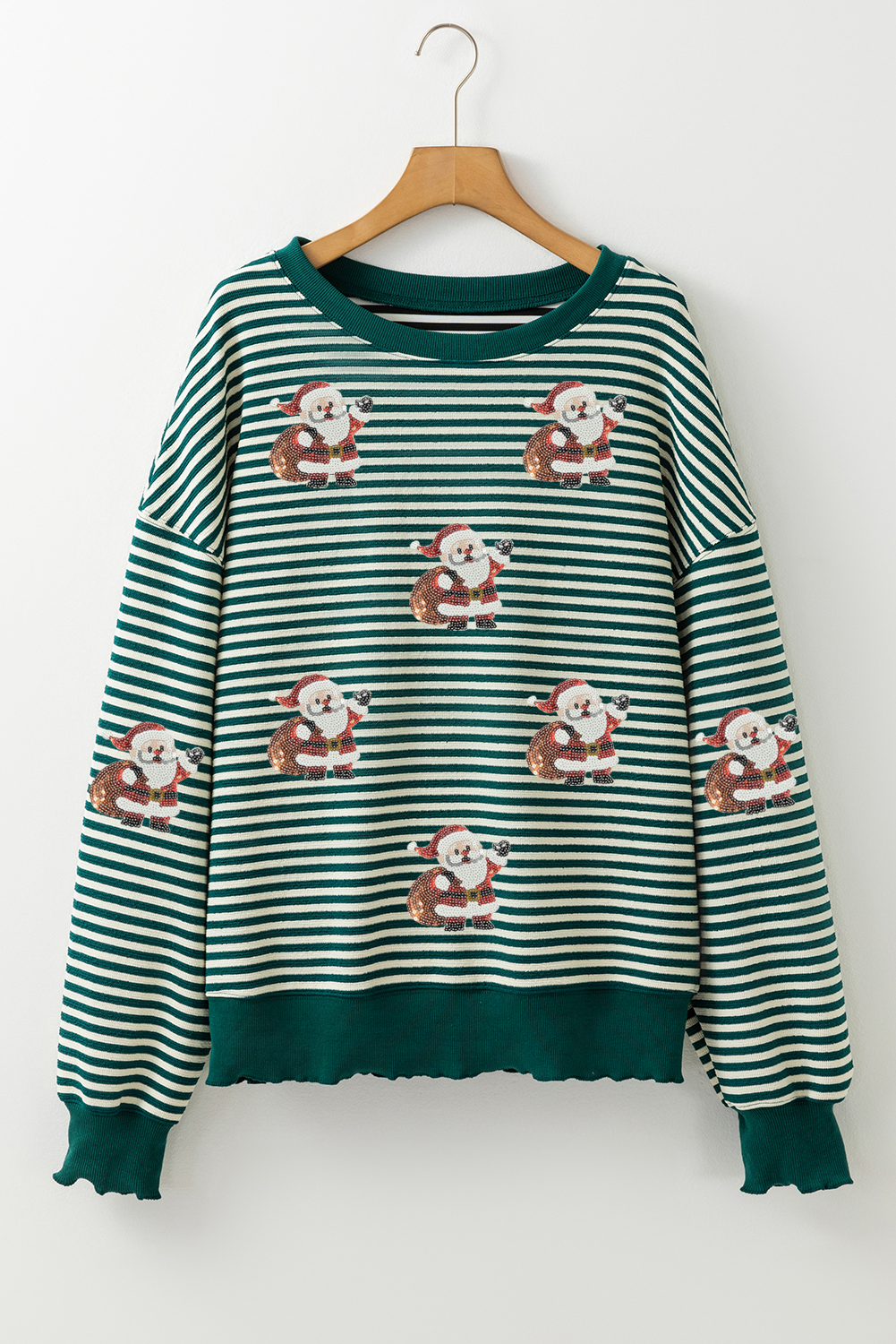Green Stripe Santa Claus Delivering Gifts Sequin Graphic Long Sleeve Top