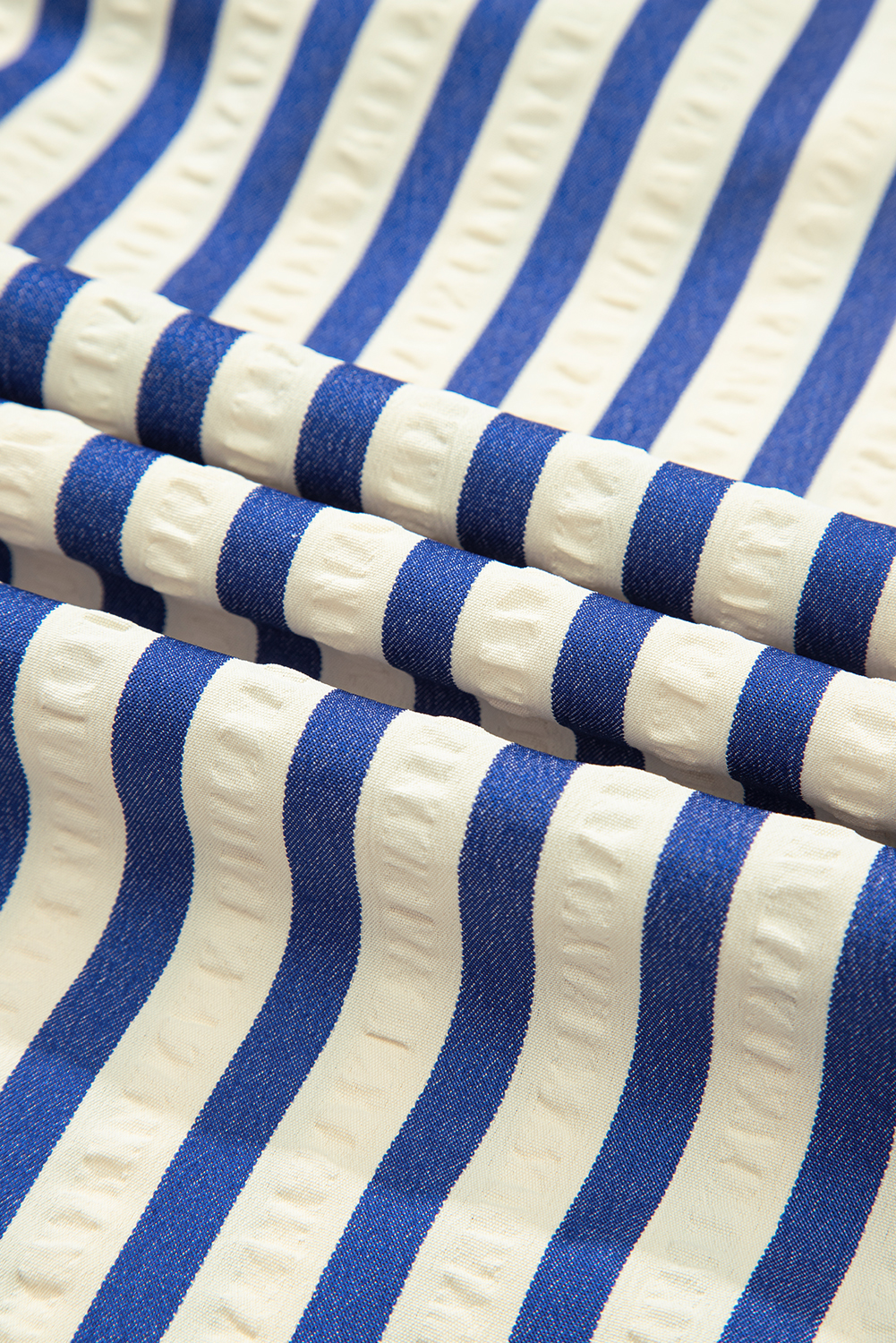 Blue Stripe Collared Half Button Side Pockets Loose Fit Mini Dress