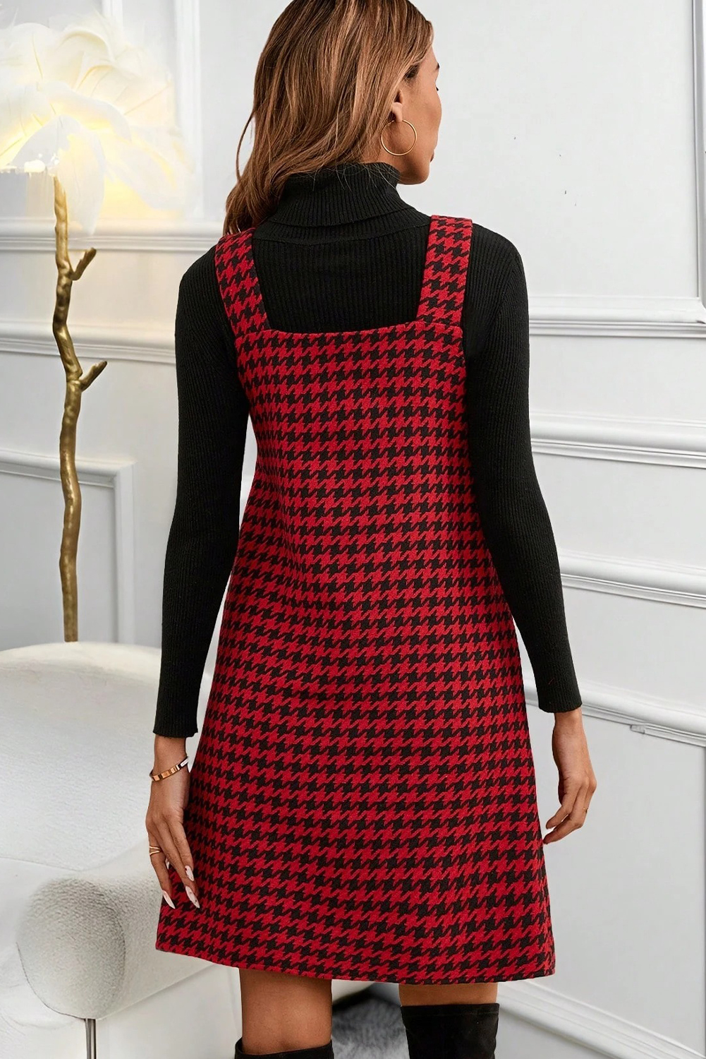 Khaki Houndstooth Print V Neck Sleeveless Mini Dress