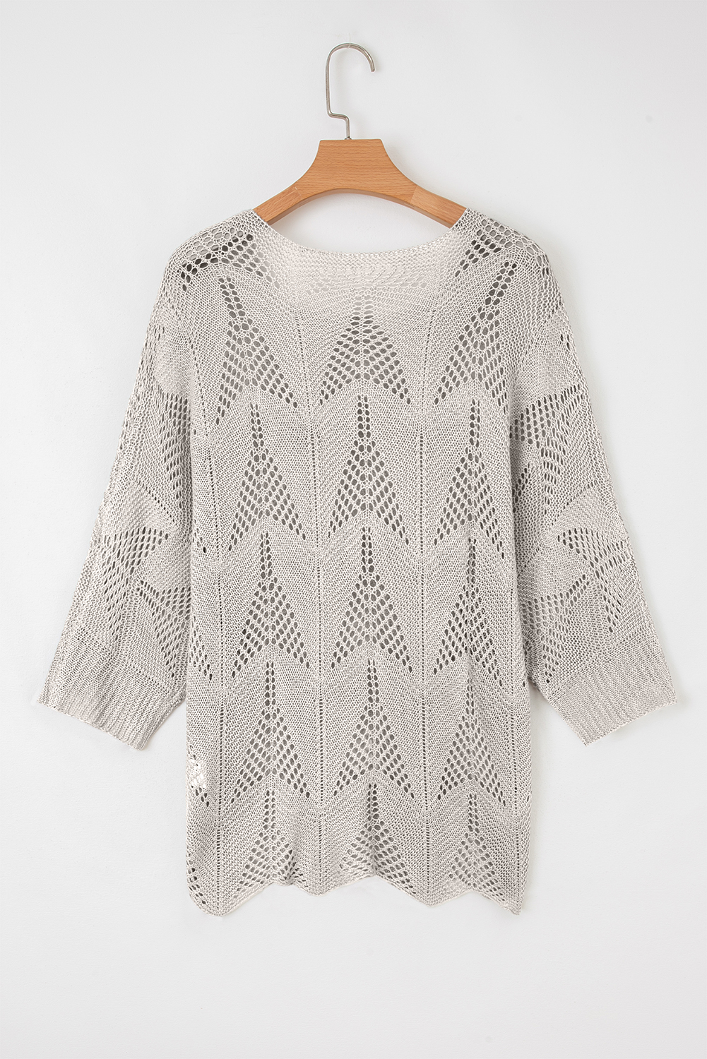 Navy Blue Hollow Out Knit 7/8 Sleeve Casual Sweater