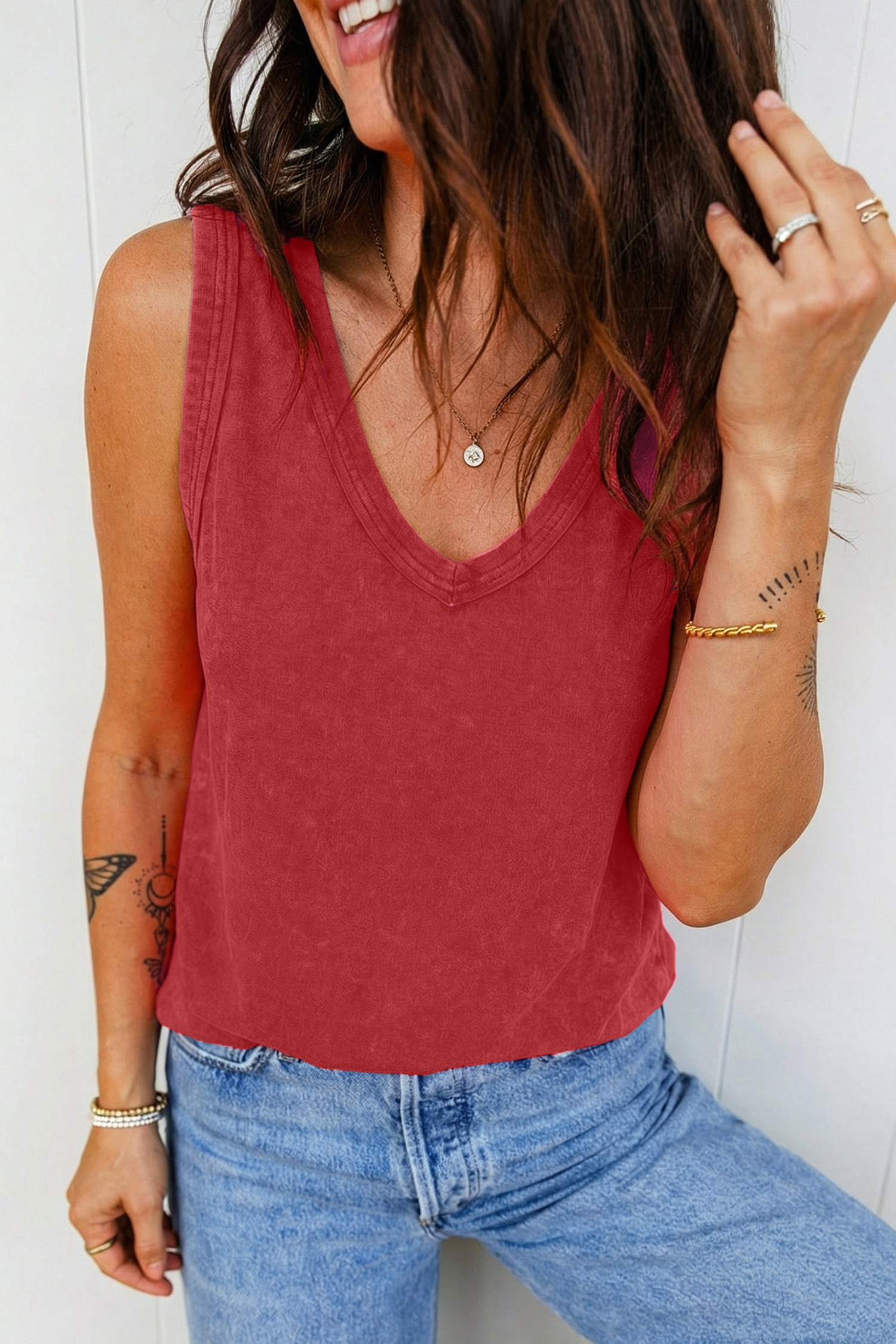 Red Dahlia Mineral Wash V Neck Tank Top