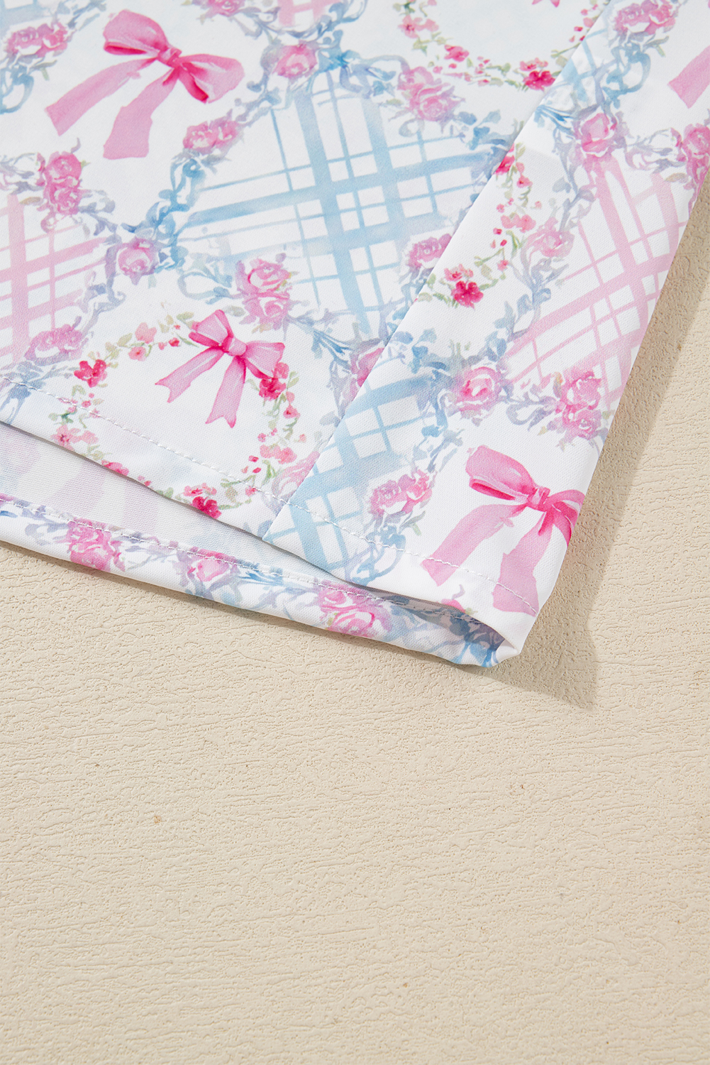 Pink Bow Wreath Pattern Christmas Holiday Tied Front Long Sleeve 2pcs Pajama Set