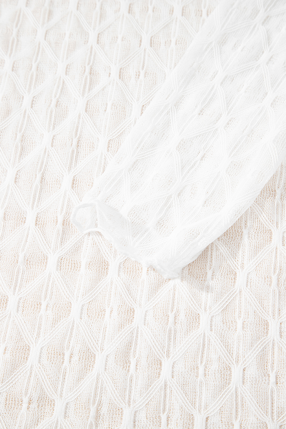 Coffee Sheer Mesh Patterned Lettuce Trim Slim Long Sleeve Top