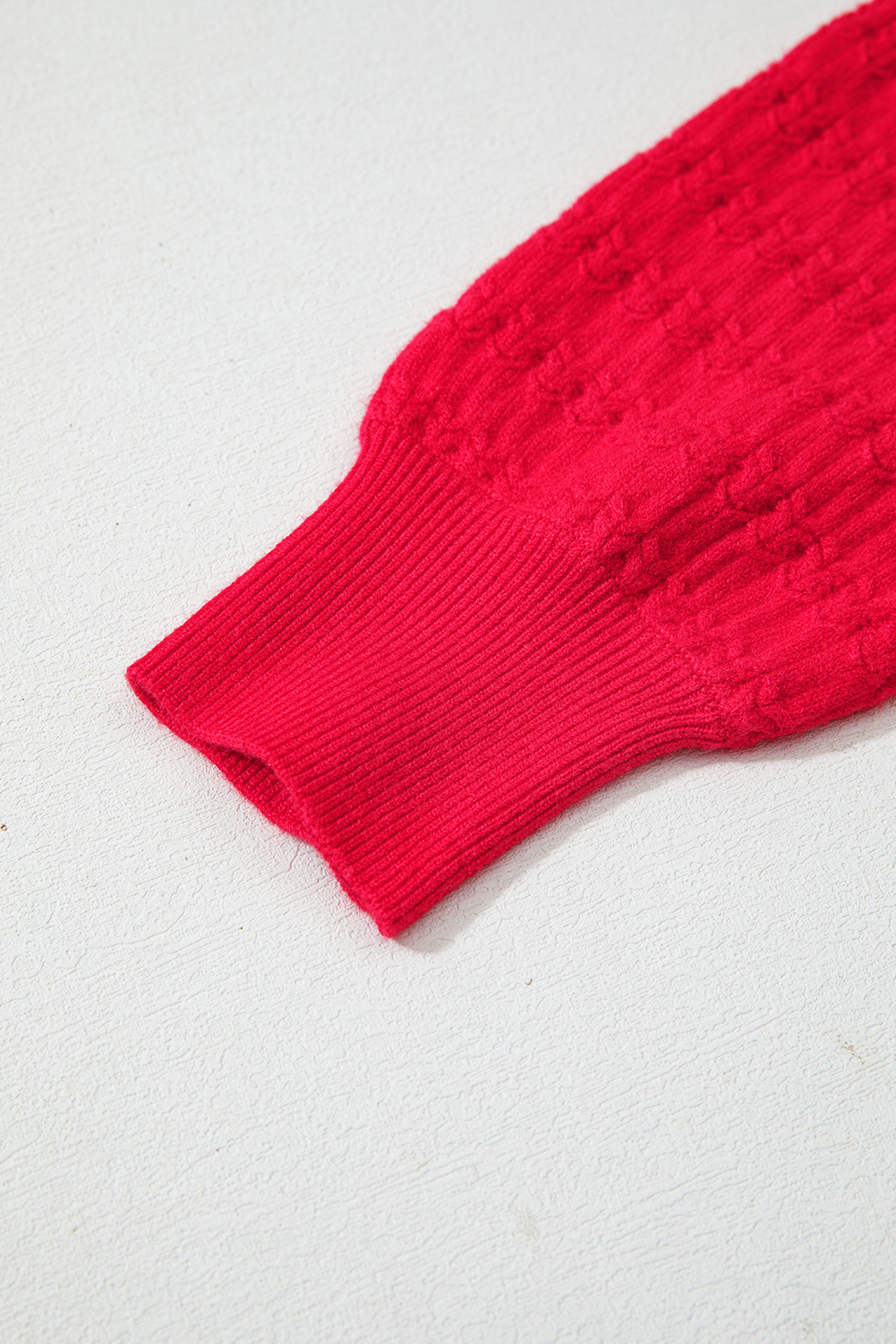 Fiery Red Trendy Pattern Knit Ribbed Cuffs Crew Neck Sweater