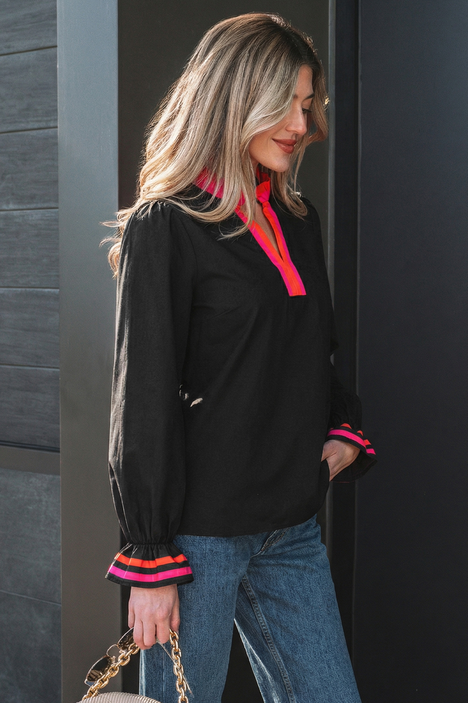 Four Leaf Clover Striped Trim Ruffle Split Neck Long Sleeve Blouse