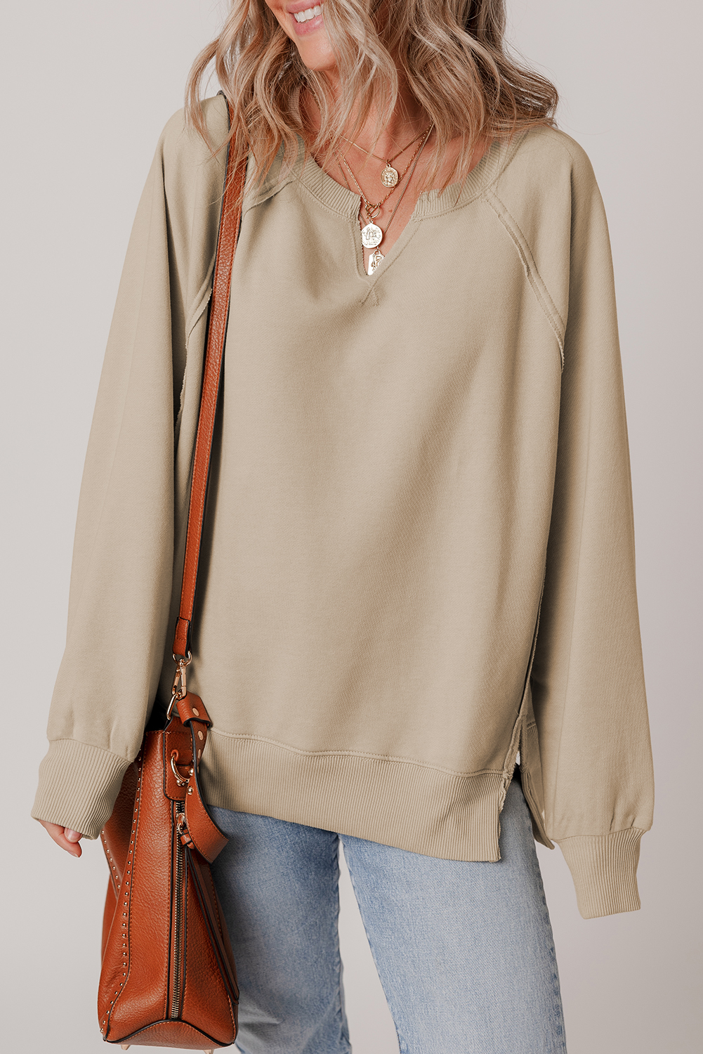 Parchment Raw Edge Exposed Seam Raglan Sleeve Side Slit Sweatshirt