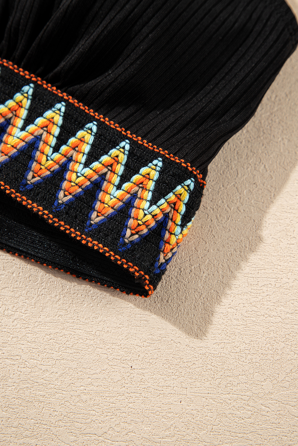 Sky Blue Ribbed Knit Tribal Contrast Detail 2pcs High Waist Swimsuit