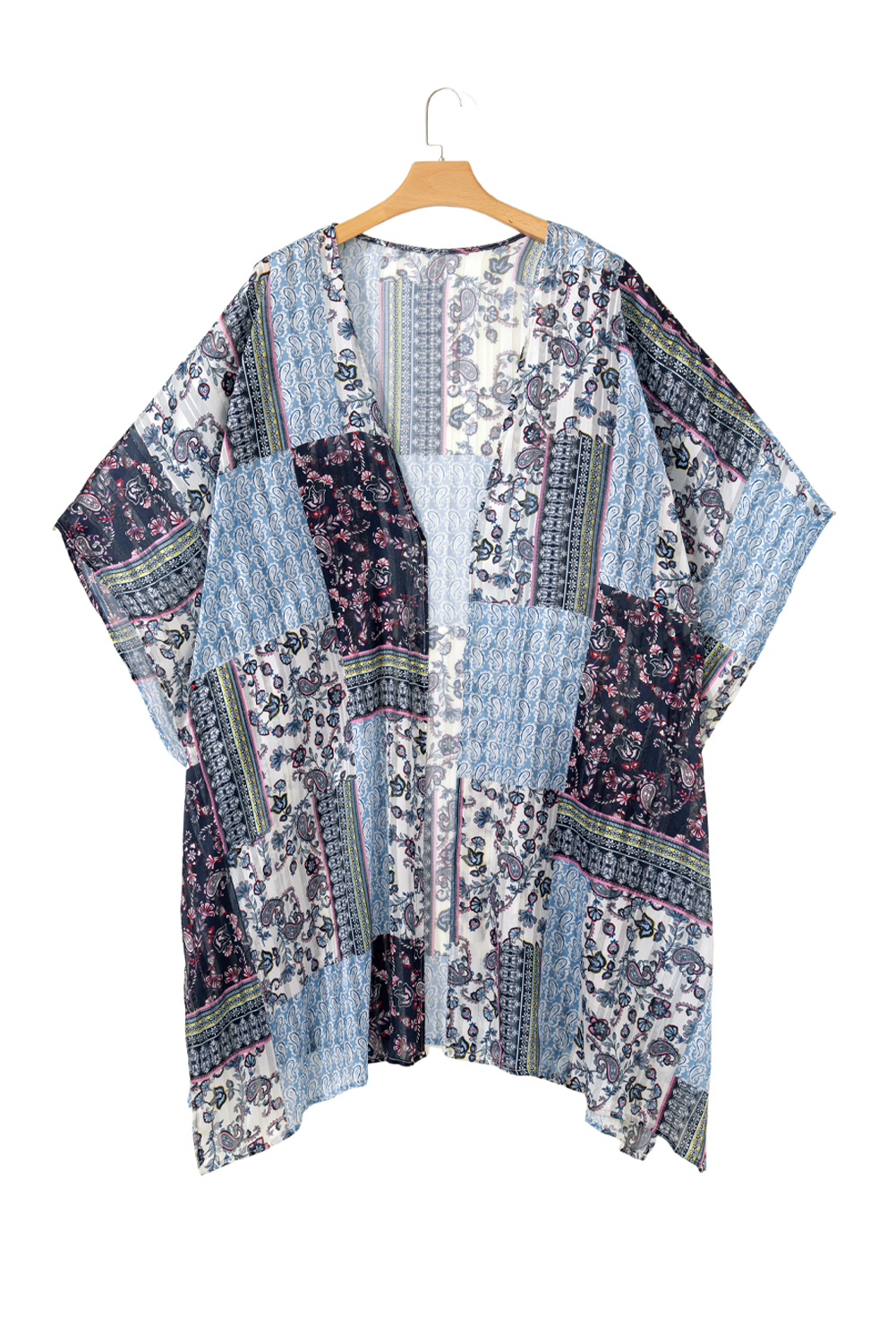 Blue Retro Floral Print Long Loose Open Front Kimono