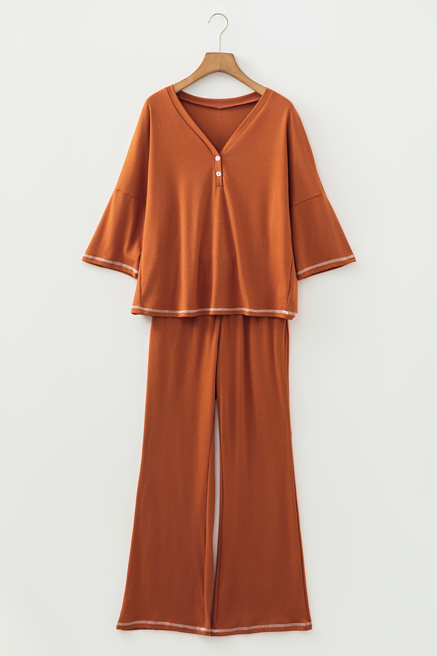 Grapefruit Orange Contrast Stitching Buttoned V Neck Half Sleeve Top and Drawstring Flare Pants Set