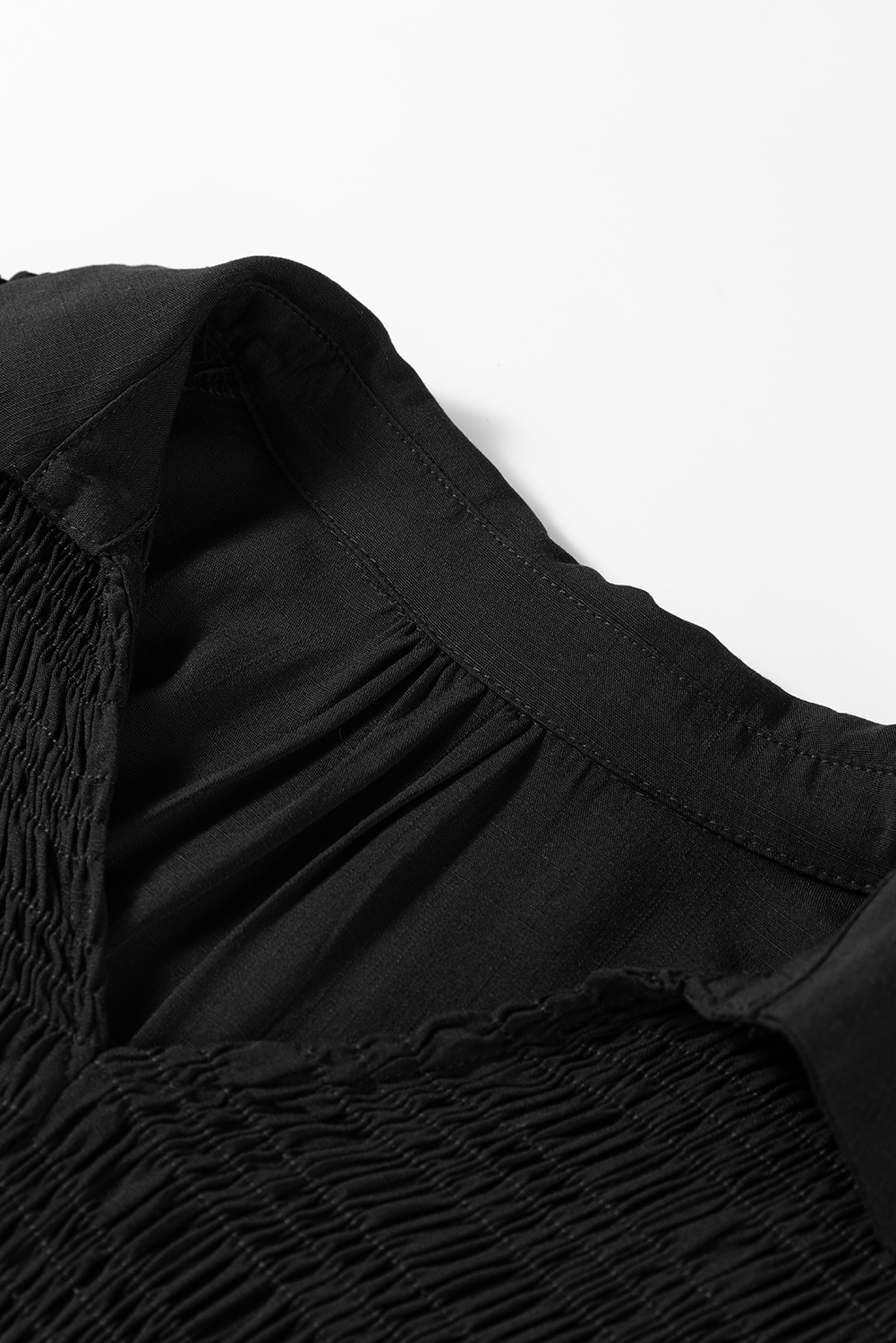 Four Leaf Clover Collared V Neck Smocked Detail Contrast Leopard Trim Bracelet Sleeve Long Dress