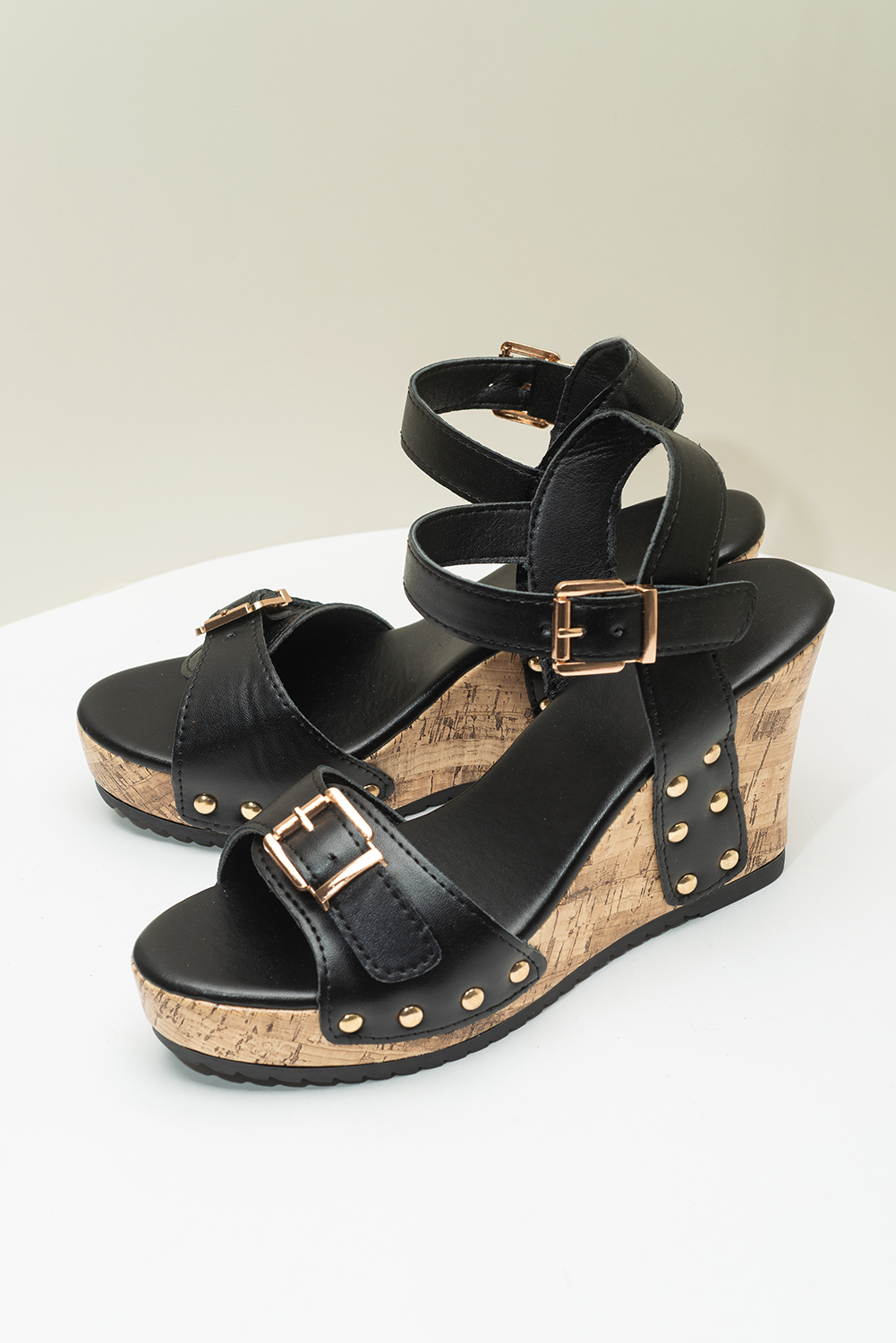Black Rivet Buckle Closure Wedge Sandals
