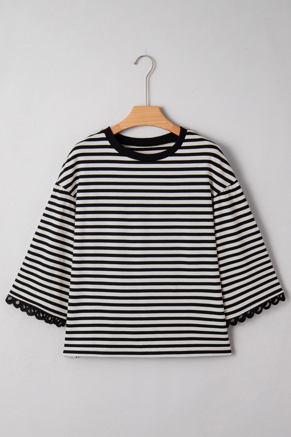 Racing Red Striped Print Drop Shoulder Lace Trim Bracelet Sleeve Loose Top