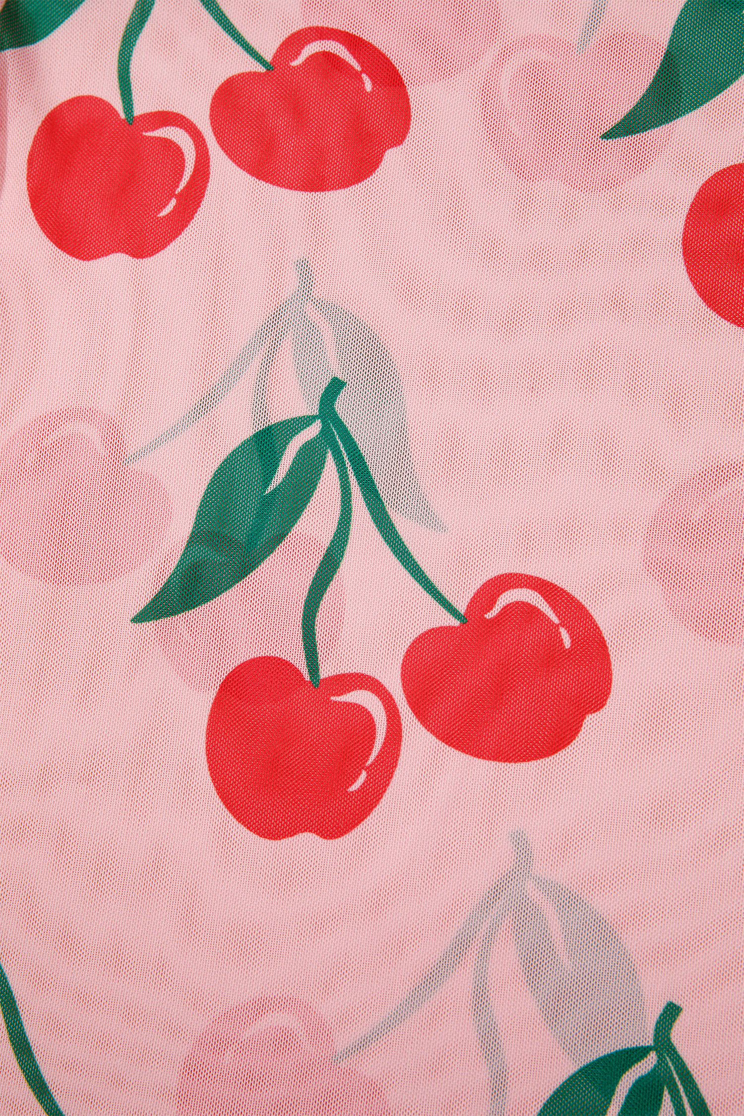 Pink Cherry Print Lettuce Trim Long Sleeve Mesh Top