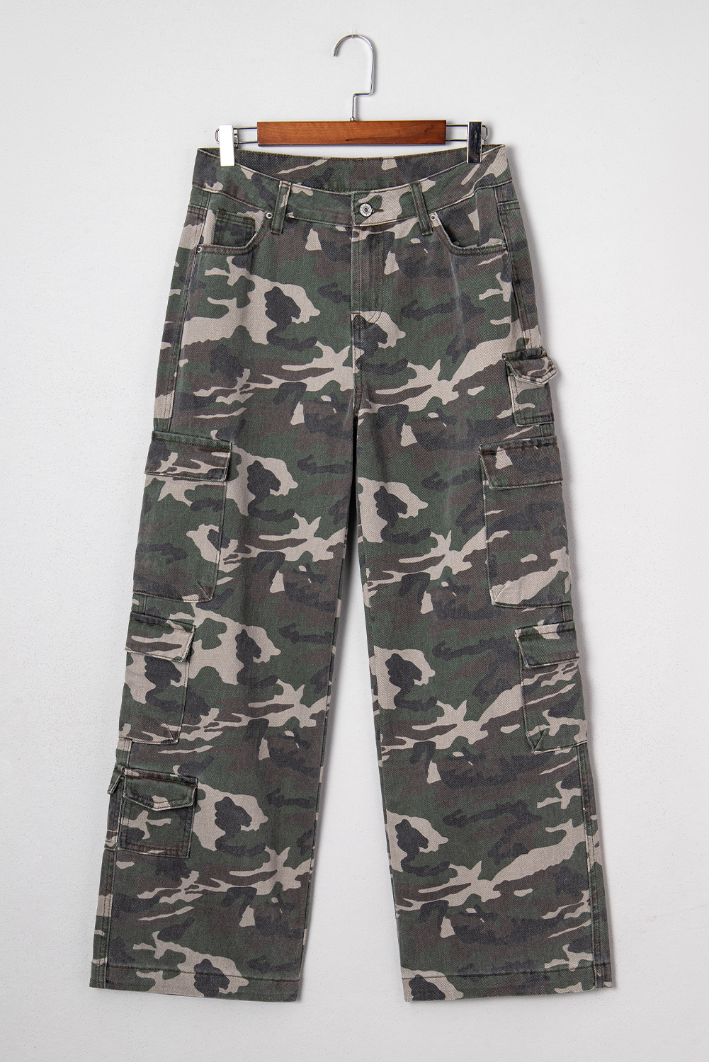 Green Camo Denim Cargo Wide Leg Pants