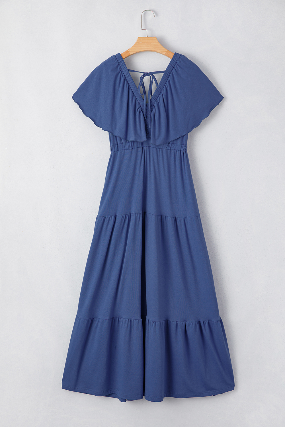 Grass Green Textured V Neck Flutter Sleeve Ruffled Maxi Dress