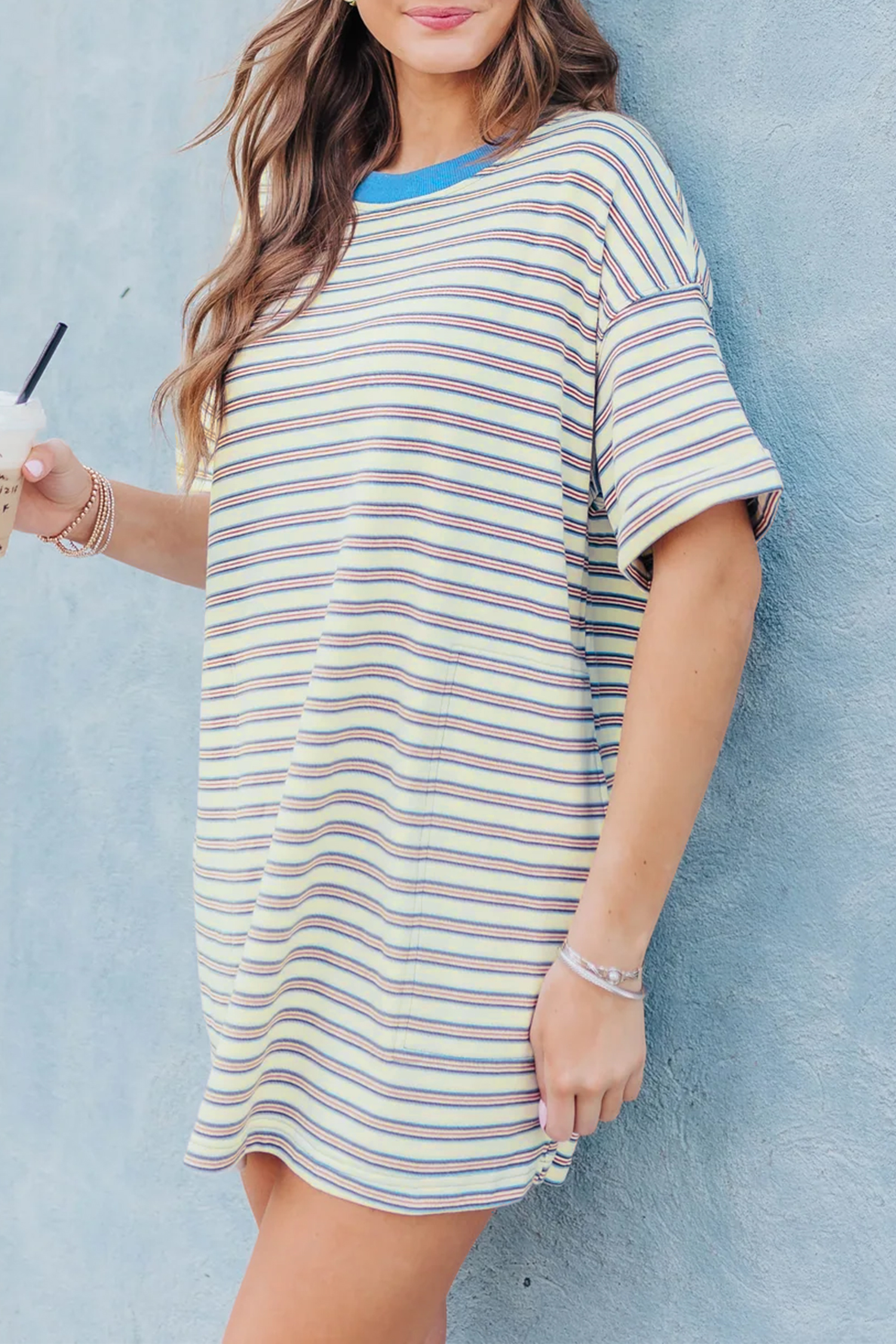 White Stripe Drop Shoulder Cuffed Sleeve Loose Tunic T Shirt Mini Dress