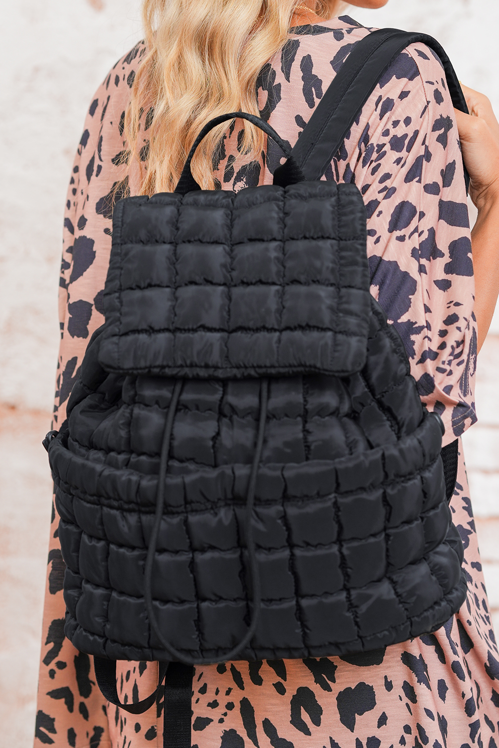 Black Solid Flapped Quilted Puffer Backpack