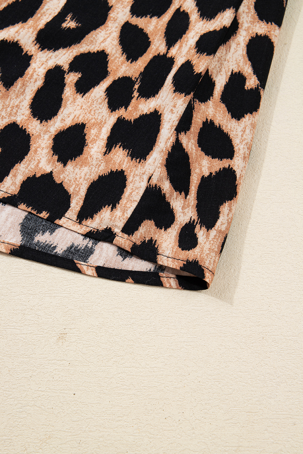 Four Leaf Clover Collared V Neck Smocked Detail Contrast Leopard Trim Bracelet Sleeve Long Dress