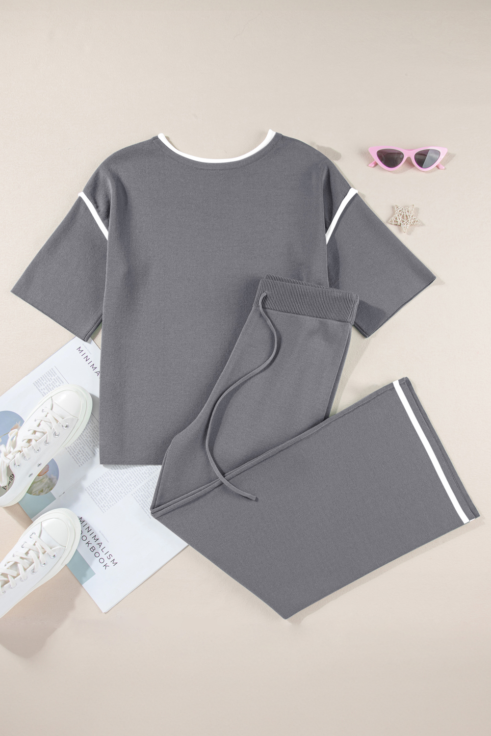 Blackish Green Contrast Trim Half Sleeve Top Drawstring Pants Loose 2pcs Sweater Suit