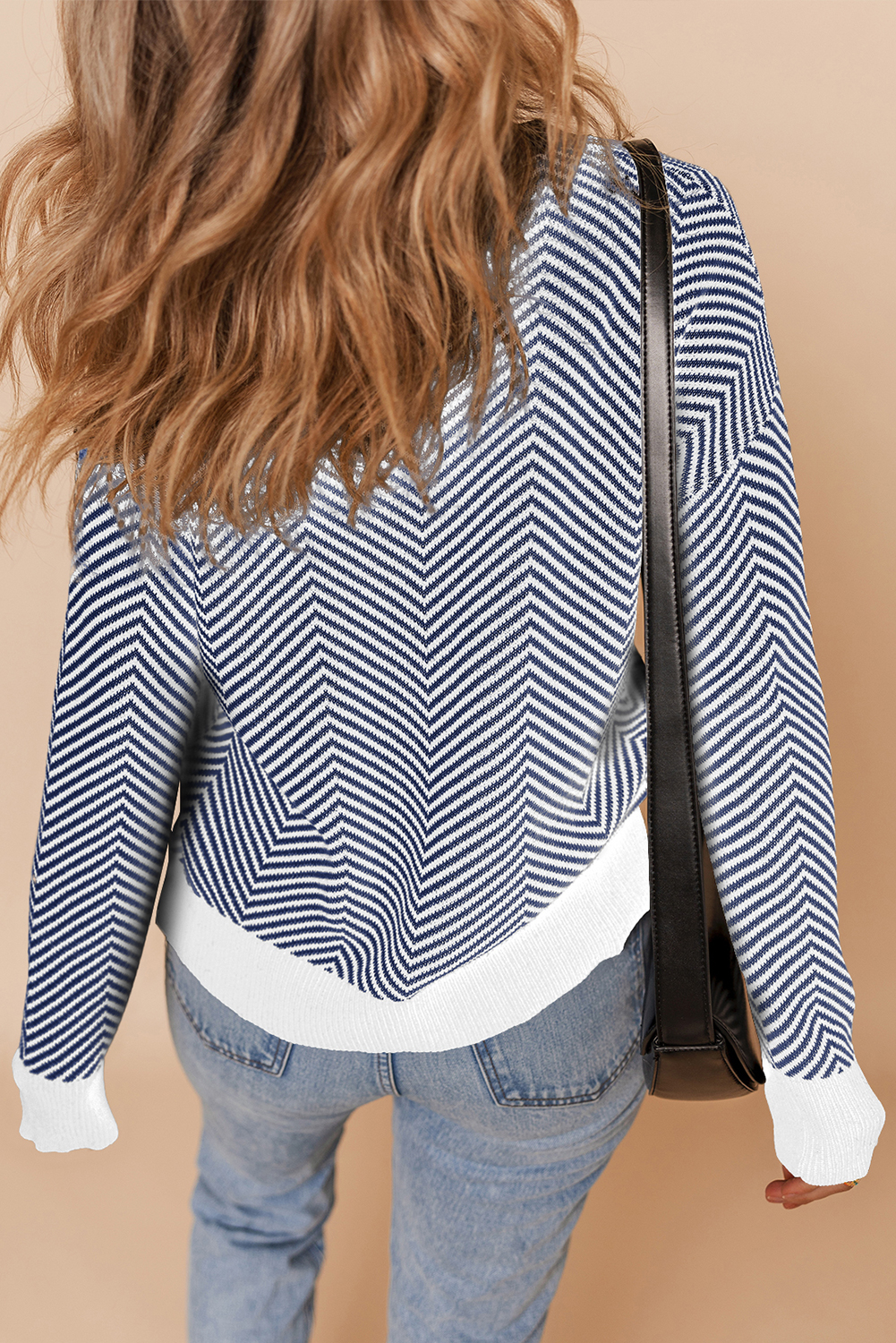 Blue Stripe Buttoned Front V Neck Herringbone Cardigan