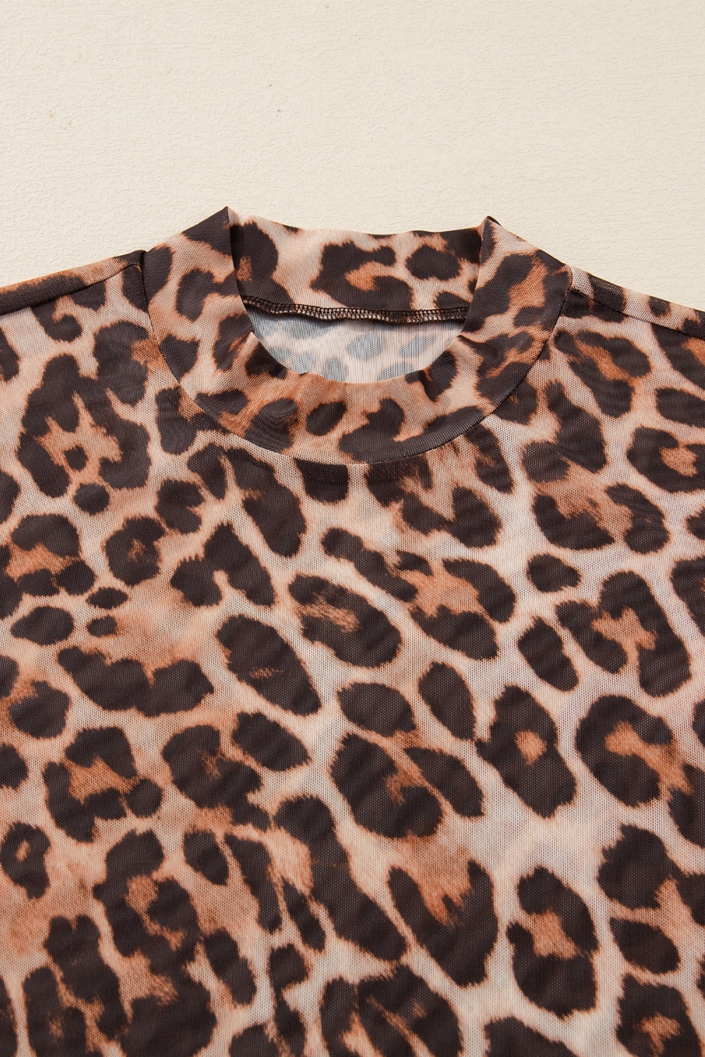Brown Leopard Mock Neck Long Sleeve Mesh Top
