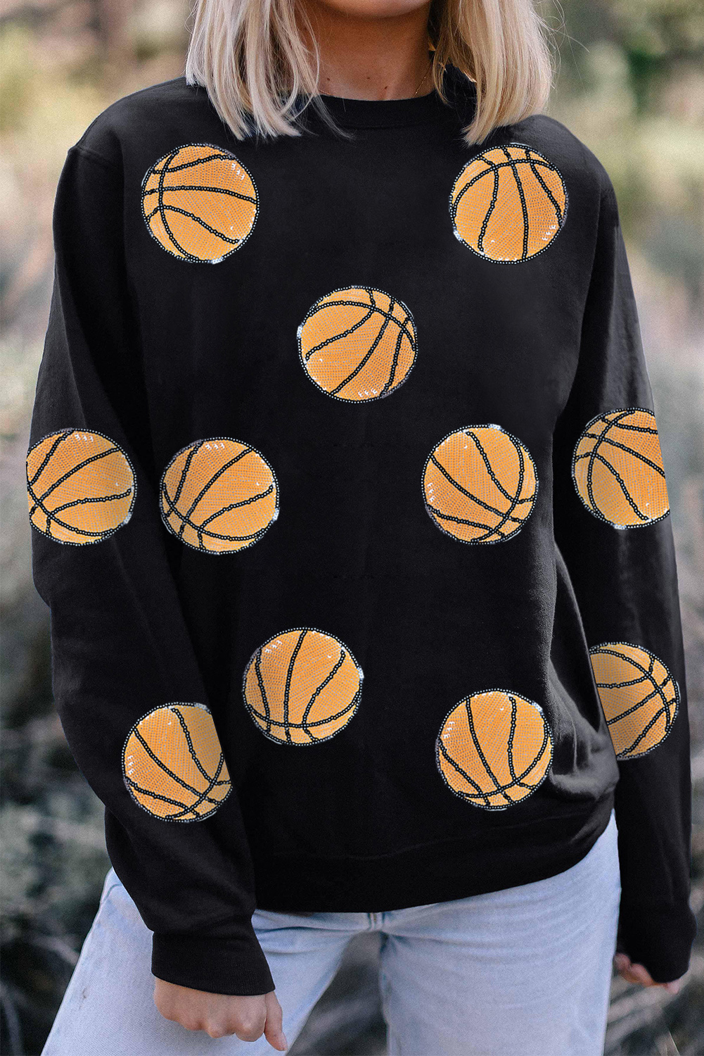 Black Sequin Basketball Patched Graphic Game Day T Shirt